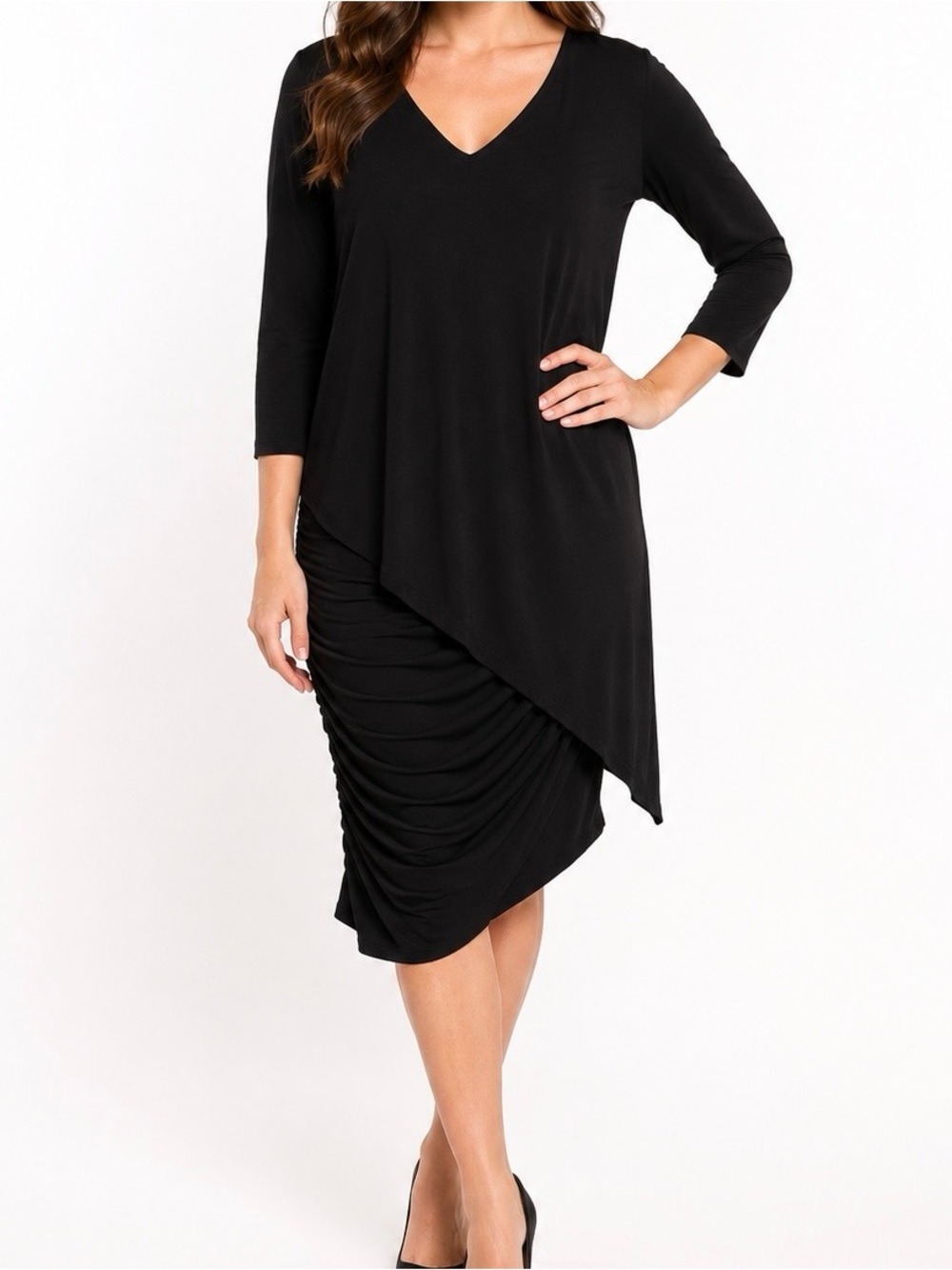 Last Tango Black Draped Asymmetrical Dress Small Made in USA